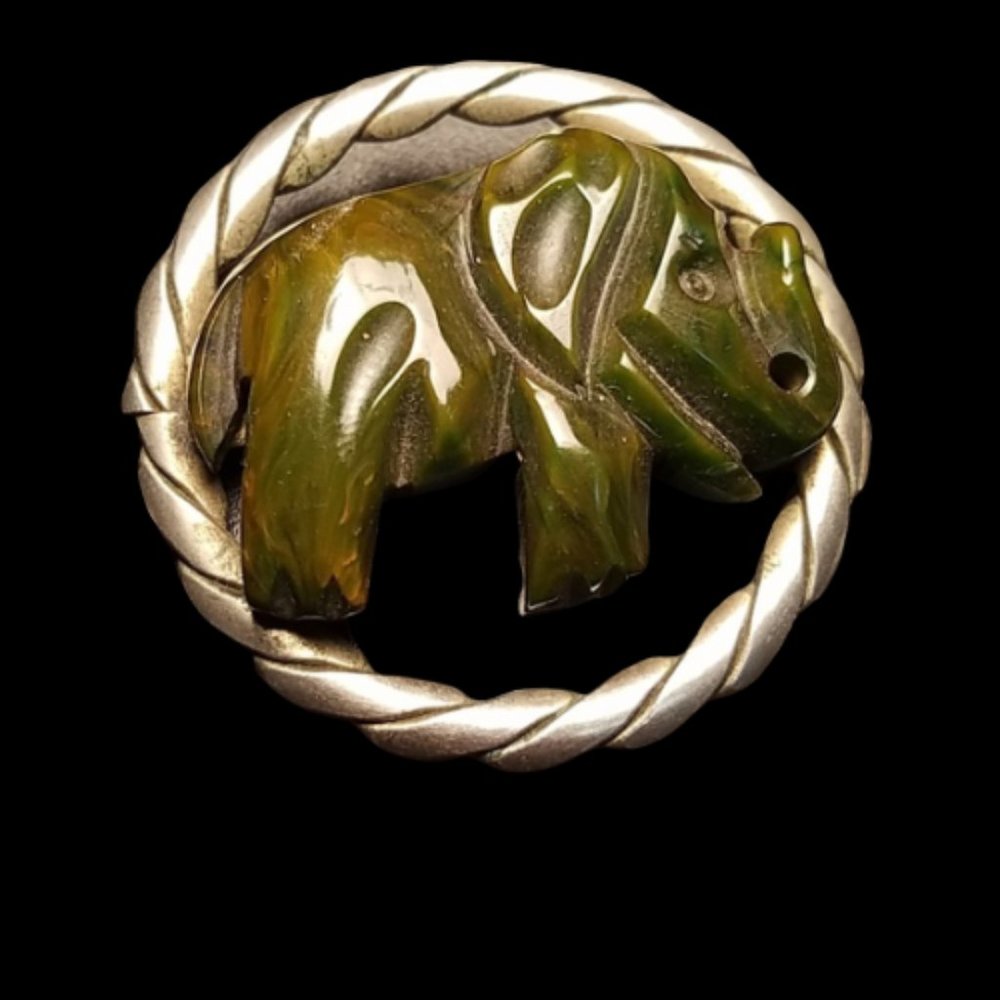 Vintage Carved Marbled Green Bakelite Elephant Brooch